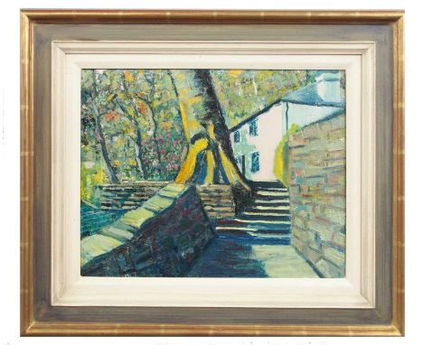 Post Impressionist, 20th century, Study of a cottage surrounded by trees and flora, oil on canvas, unsigned, 50x39cm, framed