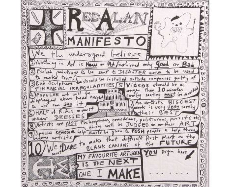 Grayson Perry CBE RBA (British, b.1960) "Red Alan Manifesto", 31.5x31.5cm, digital print on napkin, framed and glazed.