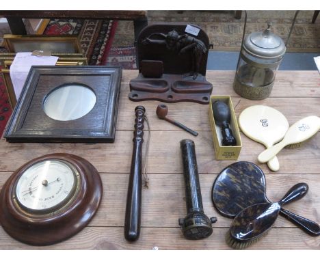 MIXED LOT INCLUDING CARVED PIPE RACK, LIVERPOOL POLICE TRUNCHEON, VINTAGE FIRE TORCH, BAROMETER AND PORTHOLE MIRROR 