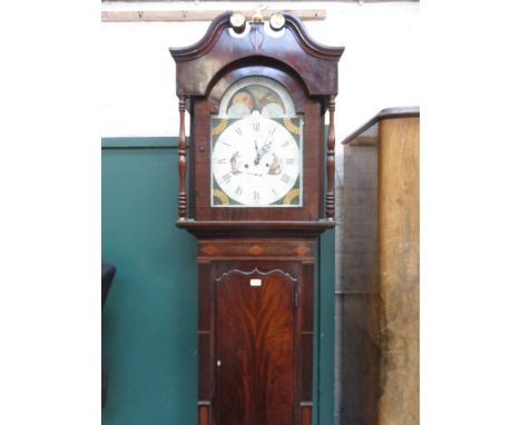 ANTIQUE INLAID MAHOGANY CASED LONGCASE CLOCK WITH HANDPAINTED ROLLING MOON DIAL, BY S LISTER, BOLTON 