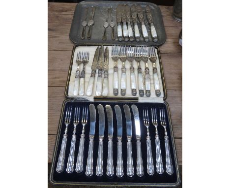 CASED SET OF SILVER HANDLED KNIVES AND FORKS AND VARIOUS MOTHER OF PEARL HANDLED FLATWARE, AND ALSO SET OF LOBSTER PICKS 