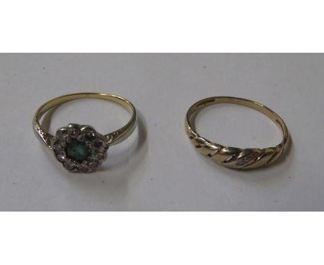 9ct GOLD DRESS RING SET WITH EMERALD AND CLEAR STONES PLUS ANOTHER 9ct GOLD DRESS RING 