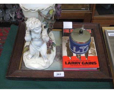 OAK FRAMED WATERCOLOUR, WEDGWOOD BOWL, CERAMIC FIGURE FORM POSY BASE AND AUTOBIOGRAPHY LARRY GAINS - THE IMPOSSIBLE DREAM 