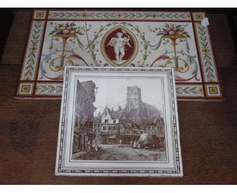 MINTON HOLLINS &amp; CO CERAMIC TILE DEPICTING A VICTORIAN VILLAGE SCENE PLUS ANOTHER MINTON TILE (AT FAULT) 