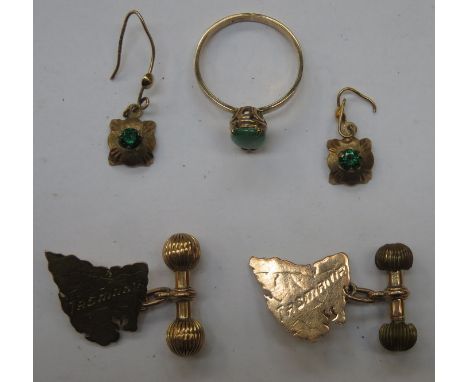 PAIR OF 9ct GOLD TASMANIAN CUFFLINKS, GOLD DRESS RING SET WITH JADE COLOURED STONE AND SIMILAR EARRINGS 