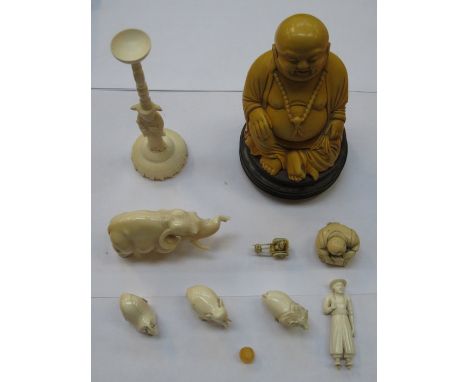 MIXED LOT OF VARIOUS IVORY AND IVORY EFFECT INCLUDING PUZZLE BALL STAND, ANIMALS, NETSUKE, BUDDHA ON STAND AND INRO