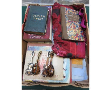 MIXED LOT INCLUDING VOLUMES, GRAMAPHONE RECORDS, TORTOISE SHELL, MOTHER OF PEARL SMALL MUSICAL INSTRUMENTS AND SCARVES, ETC. 