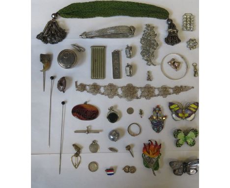 PARCEL OF SILVER AND SILVER COLOURED JEWELLERY INCLUDING INGOT, RING, BABY BANGLE, ENAMELLED BROOCHES ETC. 