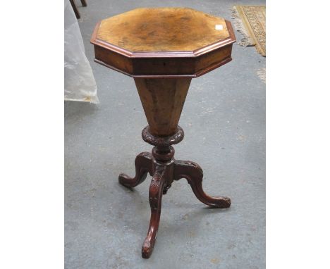 WALNUT VENEERED OCTAGONAL TOPPED SEWING BOX ON TRIPOD SUPPORTS 