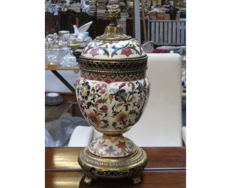 HIGHLY DECORATIVE ORIENTAL VICTORIAN GILDED CERAMIC AND GILT METAL STEMMED URN WITH COVER ON RAISED SUPPORT, FOR RESTORATION,