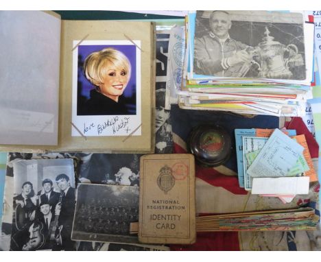 SUNDRY LOT INCLUDING RADIO, CARDS, POSTCARDS, FOOTBALL TICKET STUBS, BEATLES MAGAZINE AND ALBUM OF EASTENDERS SIGNATURES 