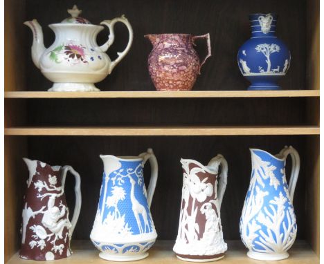 FOUR VARIOUS CERAMIC WATER JUGS AND WEDGWOOD JUG, ETC. 