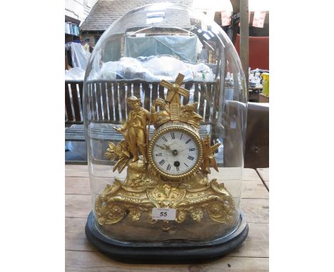 FRENCH STYLE GILT METAL MANTEL CLOCK UNDER VICTORIAN GLASS DOME 