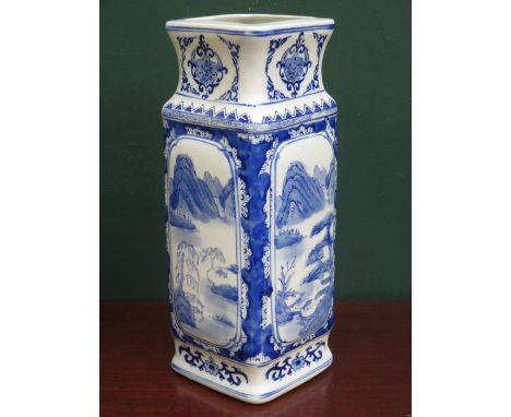 ORIENTAL STYLE BLUE AND WHITE GLAZED CERAMIC VASE, APPROXIMATELY 35cm