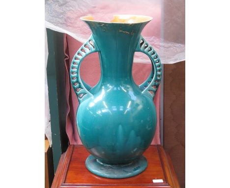 LARGE TWO HANDLED POTTERY VASE BY LINTHORPE, FOR RESTORATION, APPROXIMATELY 59cm HIGH