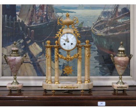 GILT METAL AND MARBLE EFFECT FRENCH STYLE ORNATE MANTEL CLOCK AND GARNITURE WITH HANDPAINTED AND ENAMELLED DIAL 