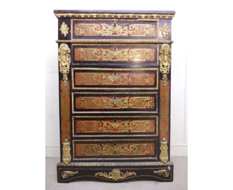 A mid 19thC boulle and ebonised dressing chest with ormolu mounts, having six long drawers, one escutcheon engraved with a pe