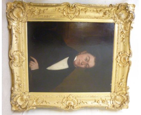 Mid 19thC British School - a half length portrait, a man with brown wavy hair, wearing a white shirt and black jacket  oil on