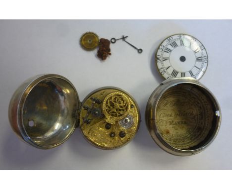 A late 18thC silver pair cased pocket watch, faced by a white enamel Roman dial