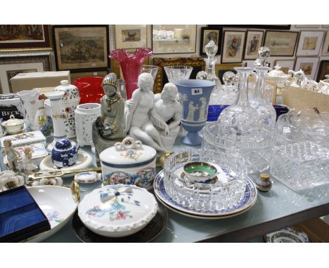 A quantity of ceramics and glass including a Wedgwood jasper beaker, a glass rolling pin, Limoges and Dresden dressing table 