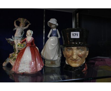 Five Royal Doulton figurines, a Toby Jug, a Lladro figure and a Continental porcelain cherub candlestick -9
