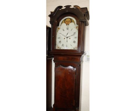 A George III inlaid mahogany eight-day longcase clock with moonphase, circa 1805, the four pillar rack and bell striking move