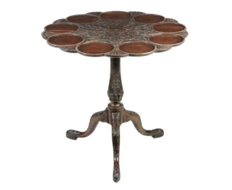 A George III style mahogany tripod table, circa 1780, the scalloped edge top with a central rosette and radiating leaves and 