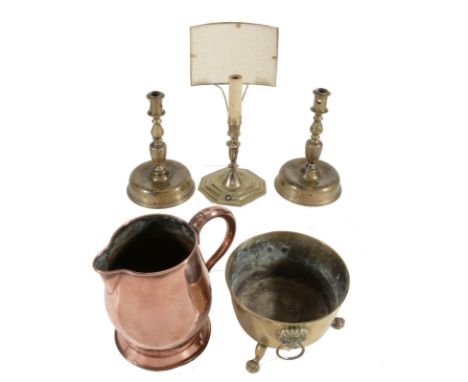 A pair of Spanish or Dutch brass candlesticks, circa 1680, the sockets each with rectangular and circular apertures, on knopp