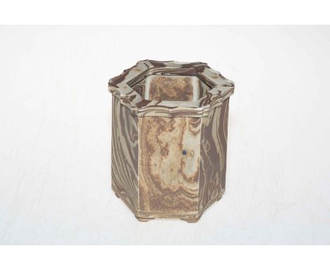 Chinese hexagonal agate brush pot on bracket feet, 13.5cm.