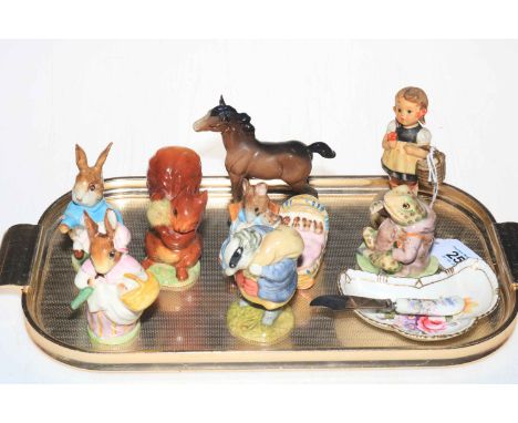 Six Beswick Beatrix Potter figures (three gold/lustre backstamp), Hummel figure, Beswick foal and butter dish (9).