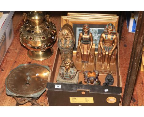 Ornate brass 'jewelled' vessel, Salter spring scale and box of Egyptian memorabilia.