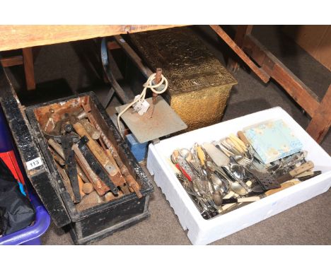Toolbox and tools, assorted cutlery, brass box and fret saw.