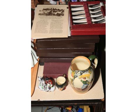 Box Royal Doulton collectors plates, The Gleaners jug, small character jug, figure and cutlery.
