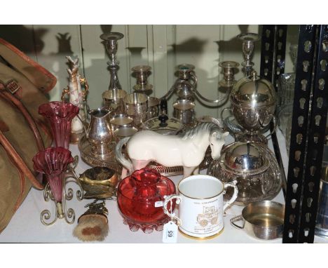 Pair of silver plated candlesticks, candelabra and silver plated ware, epergne, ruby sugar and cream, etc.