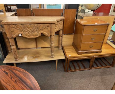 Continental pine console table, rectangular coffee table, Stag three drawer pedestal chest and rectangular nest of three teak