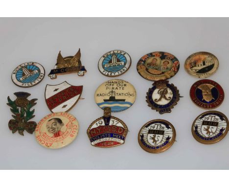 Vintage enamel and pin badges inc a pair of Butlins Filey 1947, Pirate Radio Stations, Cyclists Meet Coronation 1937, Archie 