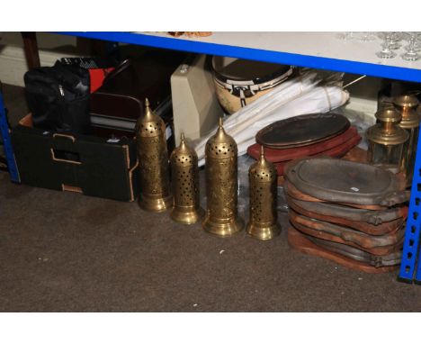 Camera equipment, typewriter, jardiniere, brass candle lamps, light fitting, steak skillets, etc.