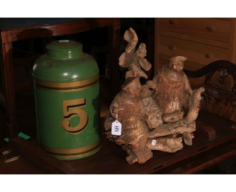 Enamel tea caddy and Chinese root carving.