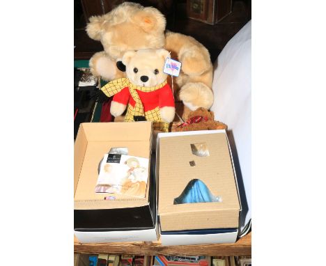 Two boxed Royal Doulton ladies, Steiff 125 year bear, and two other bears.