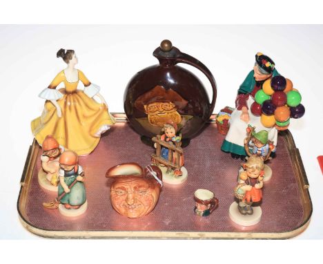 Tray lot with Royal Doulton Dewars whisky flask, two figures, scroll mask jug and tiny, together with five Hummel figures.