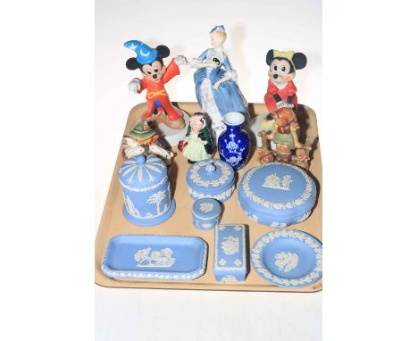 Seven pieces Wedgwood Jasperware, Royal Doulton Masquerade figure and small Sairey Gamp, two Hummel and two Disney figures, a