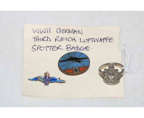 WWII German Luftwaffe enamel spotter badge, silver and enamel RAF badge and silver Border Regiment ring (3).