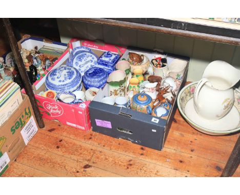 Five boxes of mostly decorative china with jugs, blue and white, figures and toilet jug and basin.