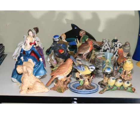 Five Royal Doulton ladies, Bols houses, Poole dolphin, bird ornaments, etc.