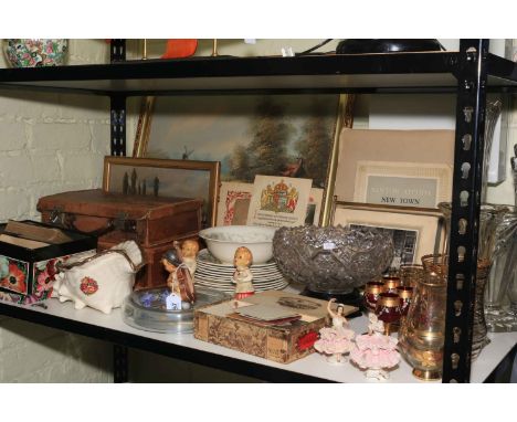 Two vintage leather cases, postcards, Hummel figure, glassware, two oil painting, photographs, etc.