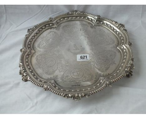Attractive late Victorian salver with engraved and crested centre on  3 claw and ball feet – 12” diameter – Sheff 1895 by R&a