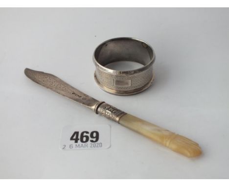 Butter knife with carved MOP handle – Sheff 1903, also a napkin ring 