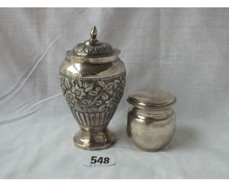 Cylindrical jar &amp; cover (925 standard) &amp; an Eastern embossed caddy  &amp; cover – 173gms         