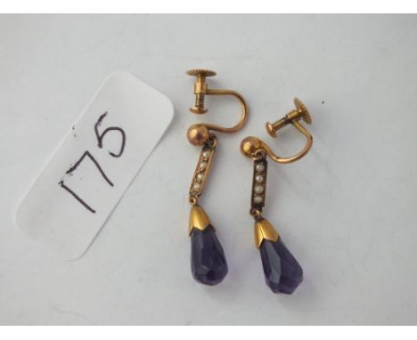 Pair amethyst &amp; pearl gold earrings      
