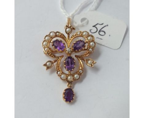 Attractive 9ct mounted amethyst &amp; pearl pendant brooch stamped  H.B.J - 4.7g inc          